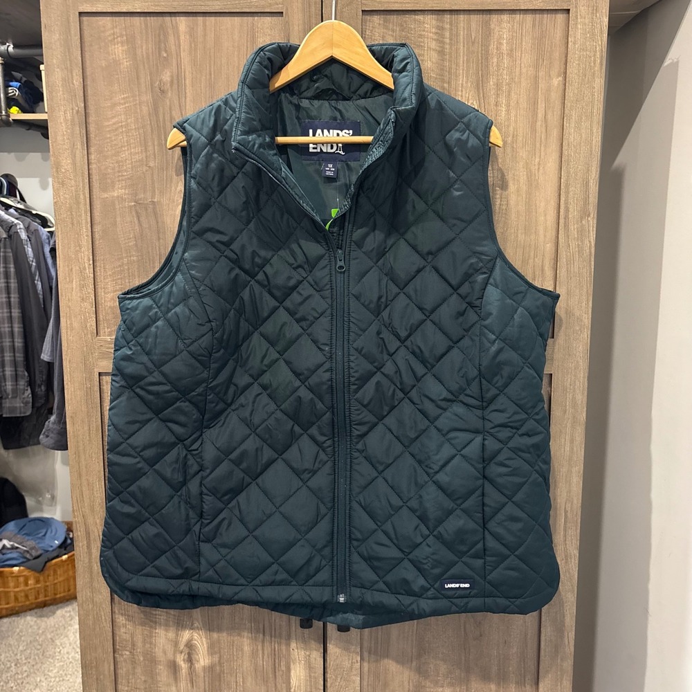 New Lands End Womens Quilted Vest Green Full Zip 1X 16W-18W